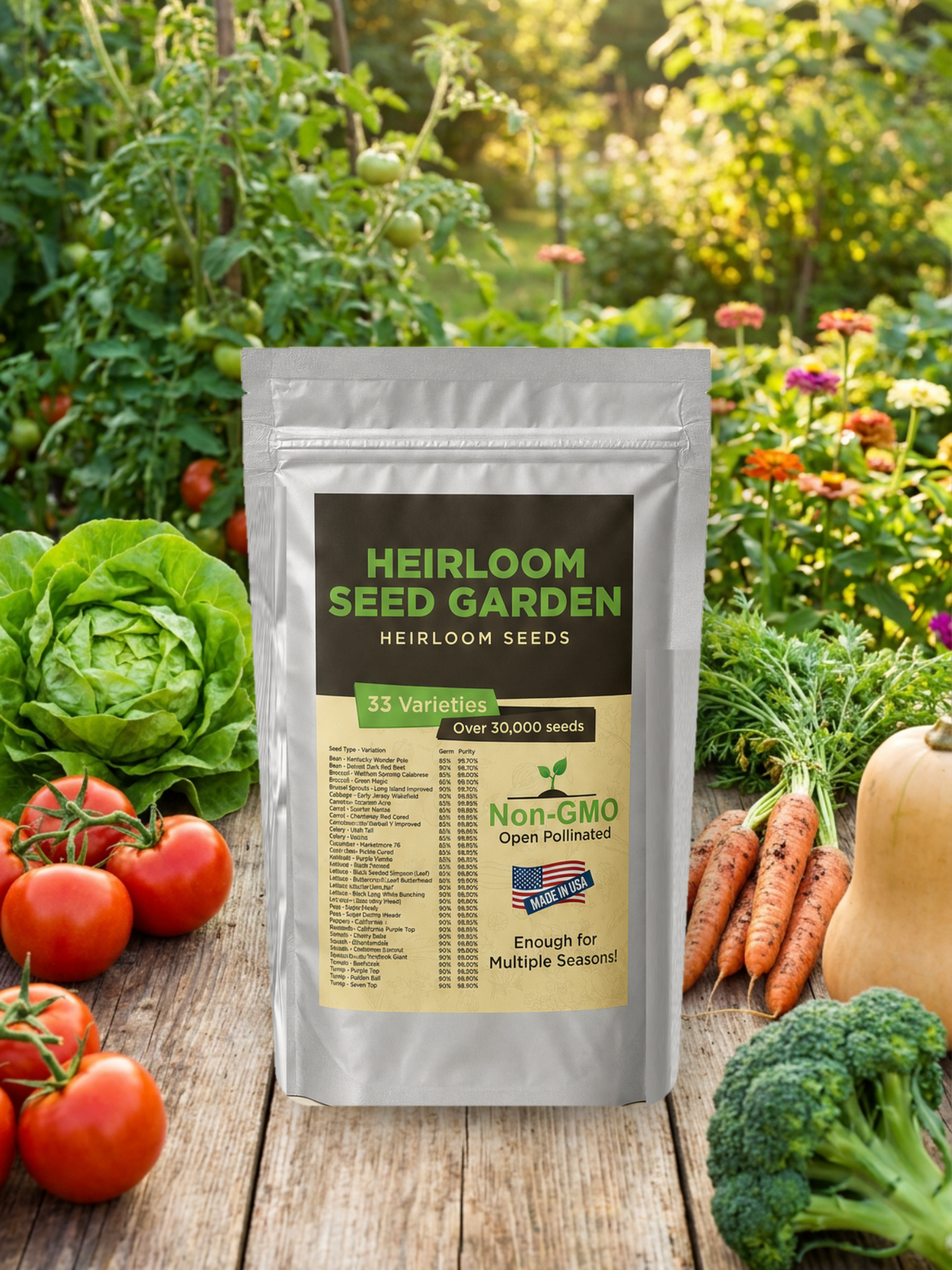 The Provision Bundle heirloom seed bank standing in a backyard vegetable garden surrounded by fresh harvest