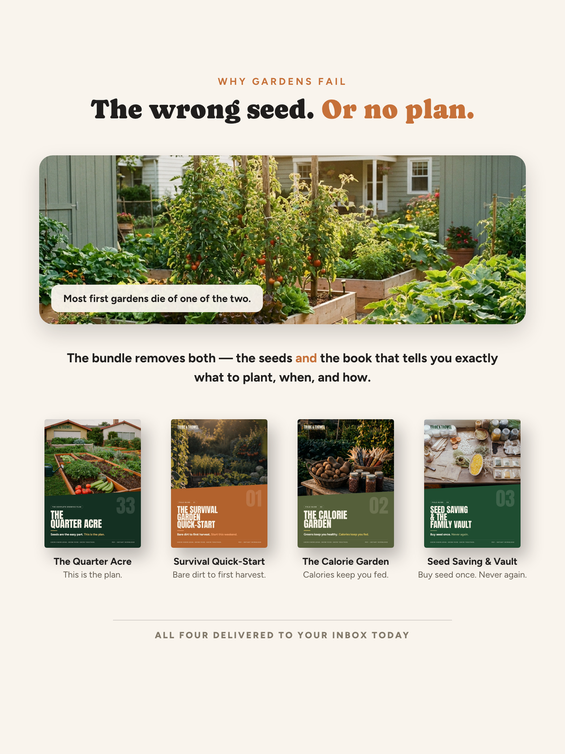 The Quarter Acre and three field guides — the complete growing plan included with the seeds